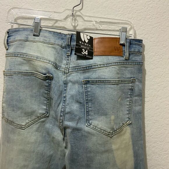 Men's 34x32 Waimea Blue Distressed Ripped rhinestone Skinny Fit Jeans - Picture 7 of 11